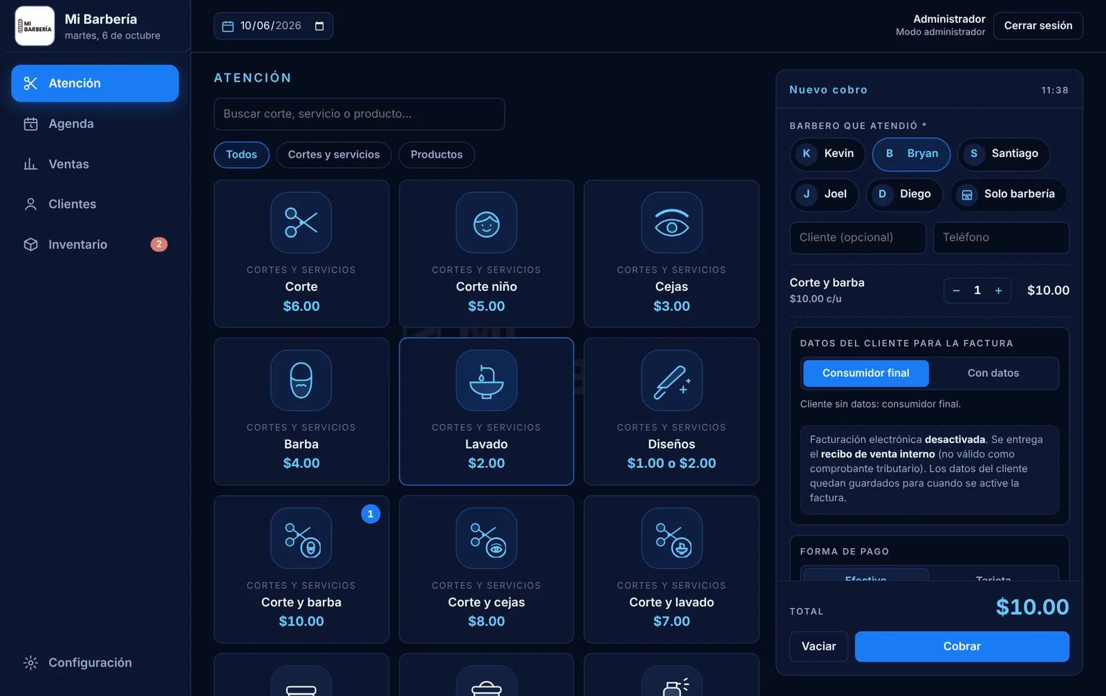 Centra en la computadora, con menú lateral
