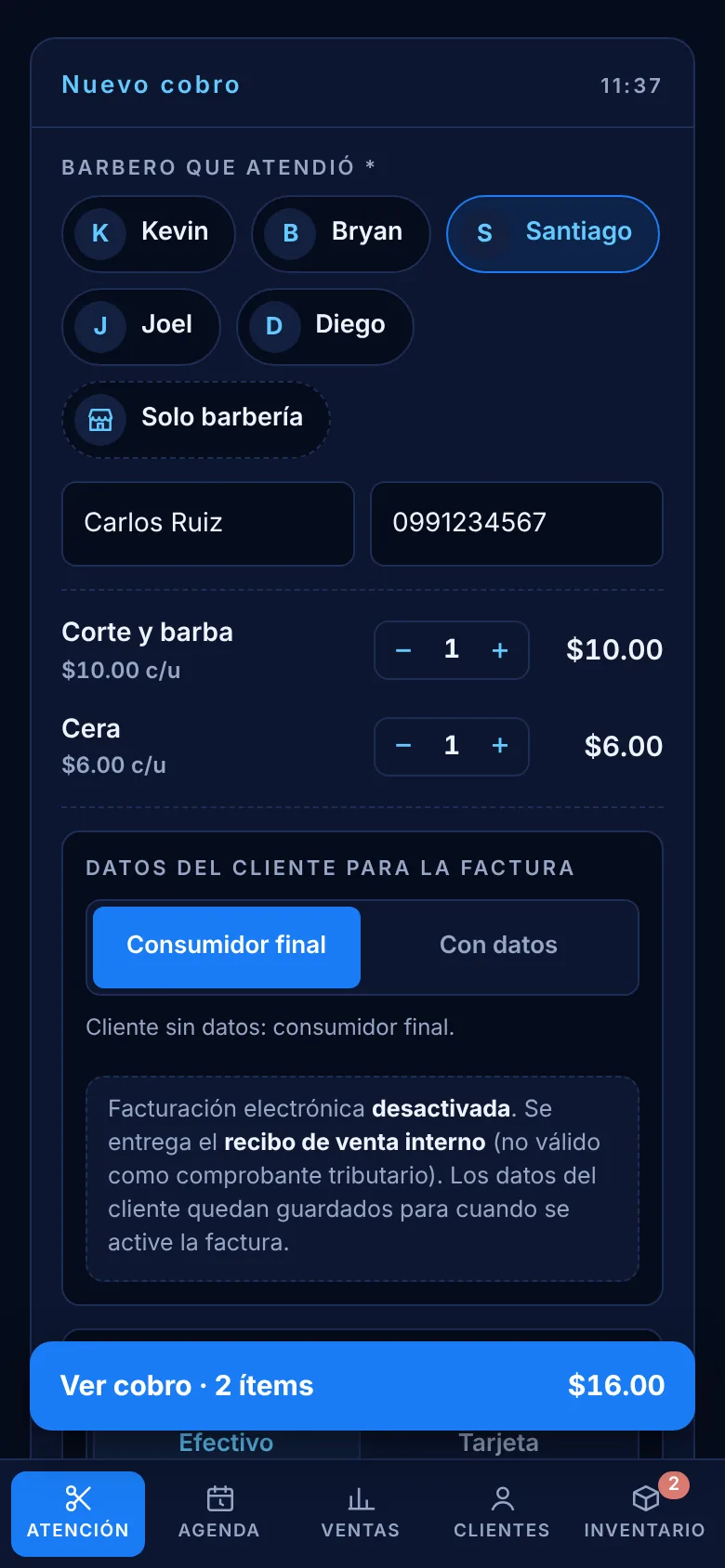 Pantalla de cobro con cinco barberos para elegir