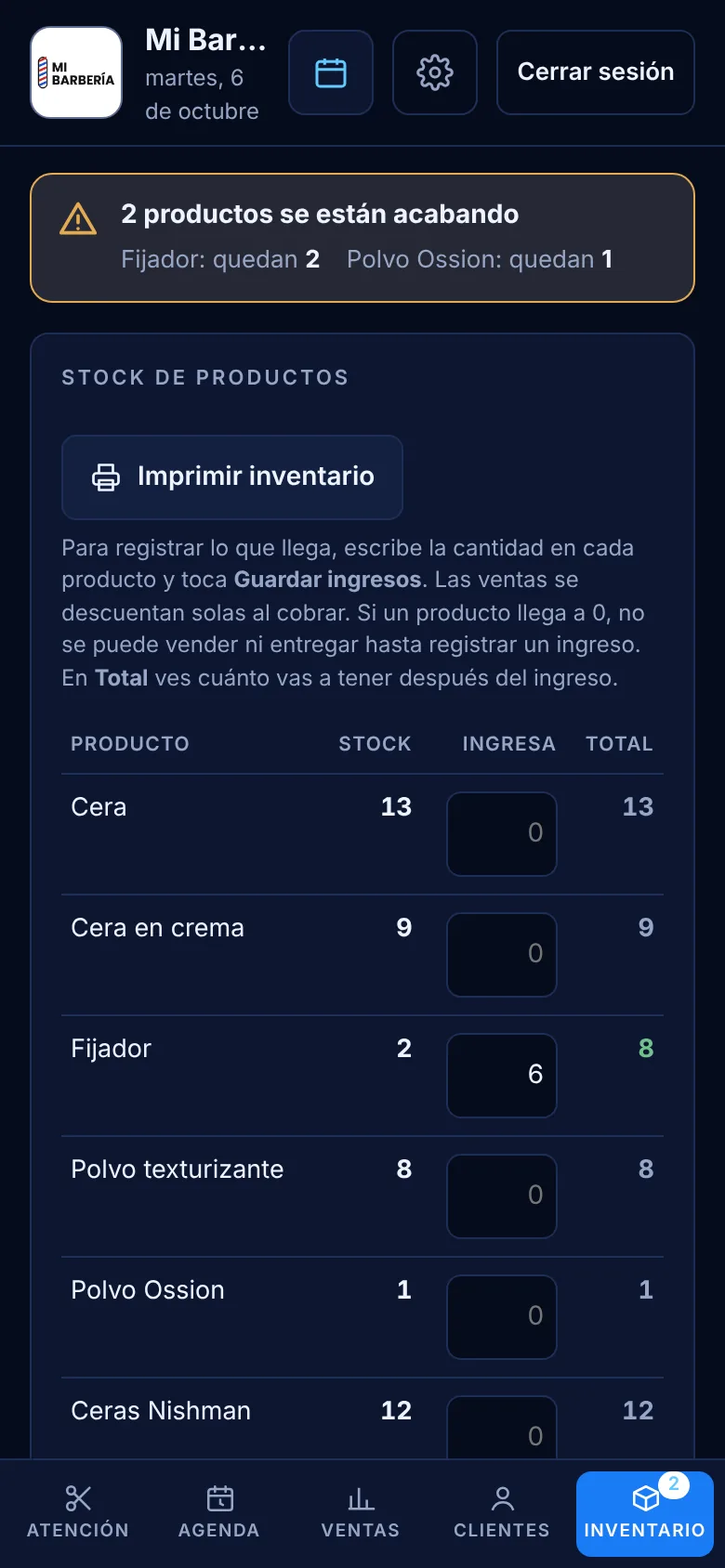 Inventario con aviso de productos por acabarse